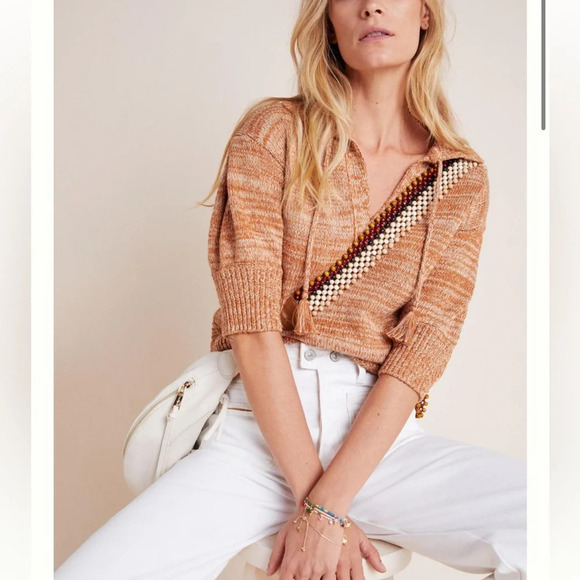 Anthropologie Carlotta Knit Sweater Pullover Rust Cream  Size M Boho Cottagecore - Picture 4 of 8